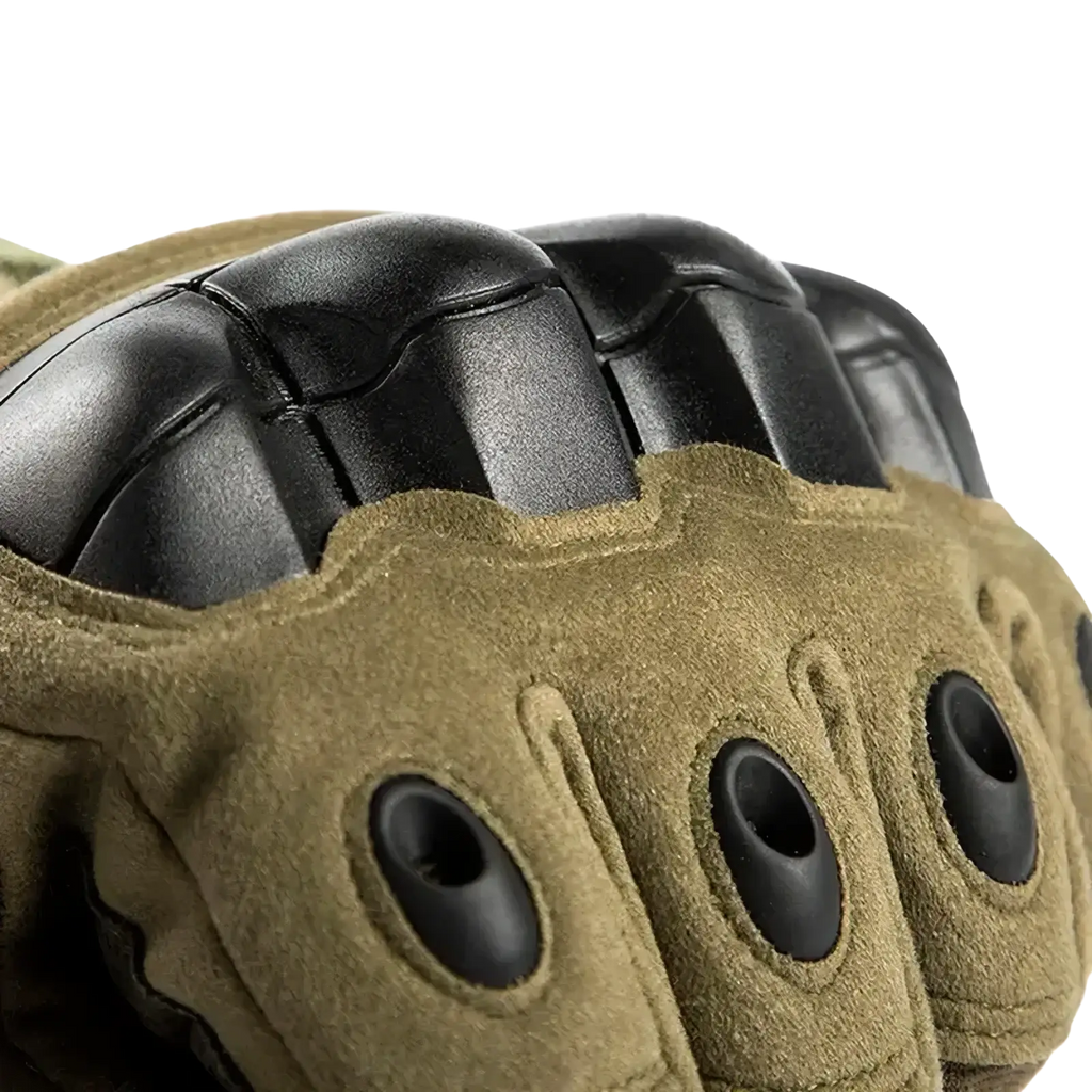 Olive green winter motorcycle glove with black reinforced knuckle and finger protectors for thermal windproof riding