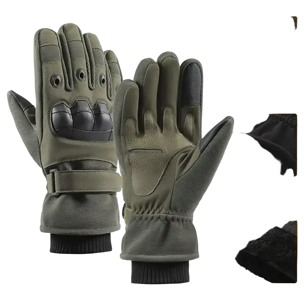 Olive green winter motorcycle gloves with black reinforced palm panels and adjustable wrist straps for thermal windproof riding