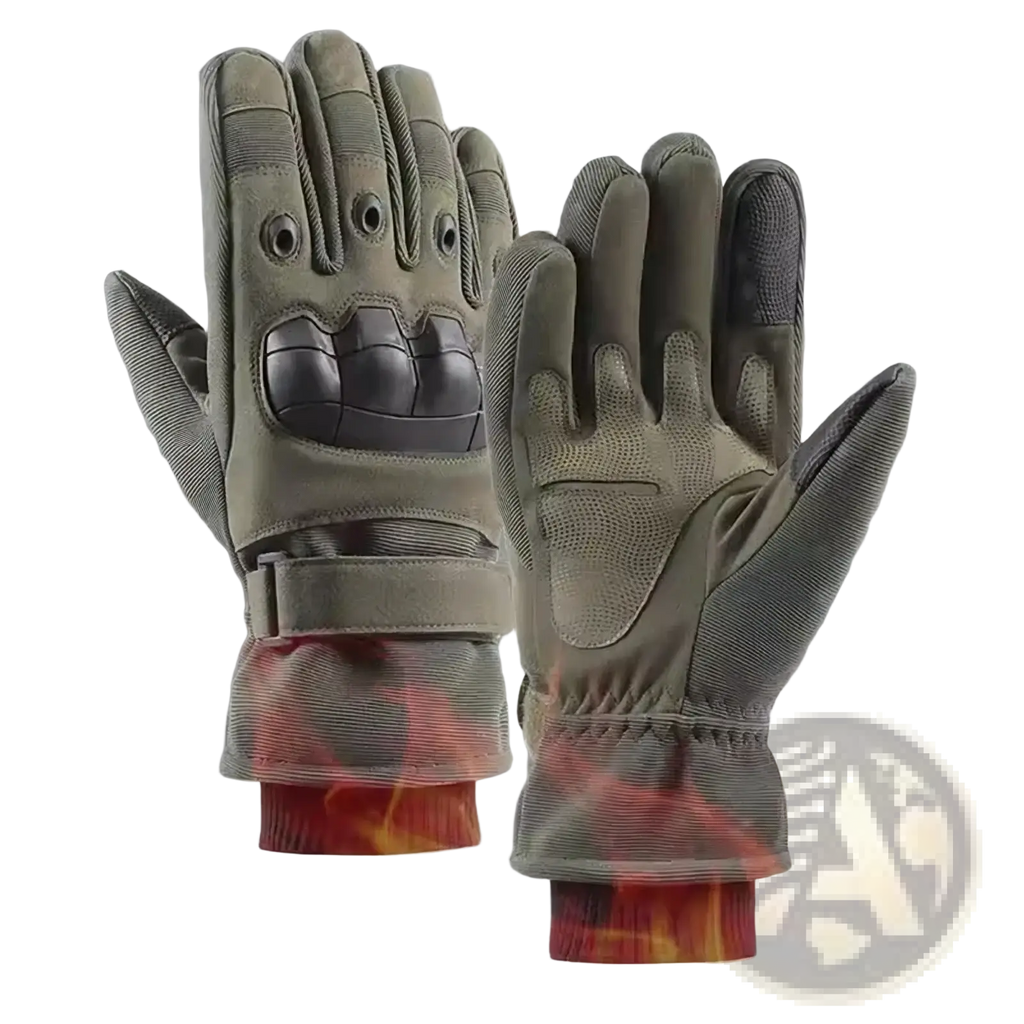 Olive green winter motorcycle gloves with black reinforced knuckle padding and flame pattern inner cuff shown from the back