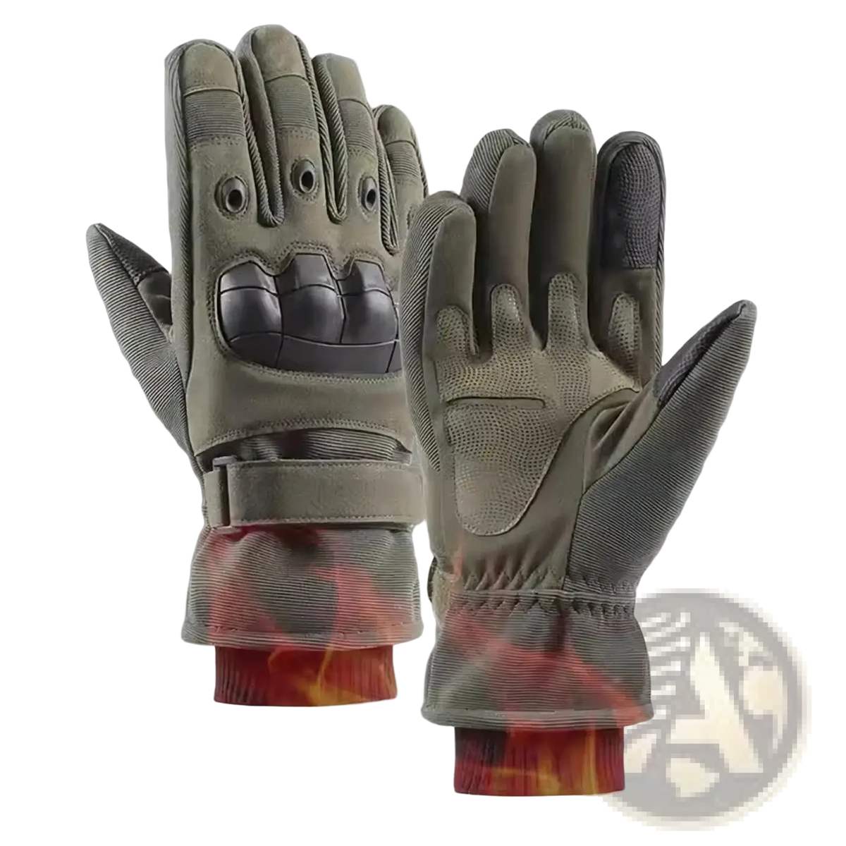 Olive green winter motorcycle gloves with black reinforced knuckle padding and flame pattern inner cuff shown from the back