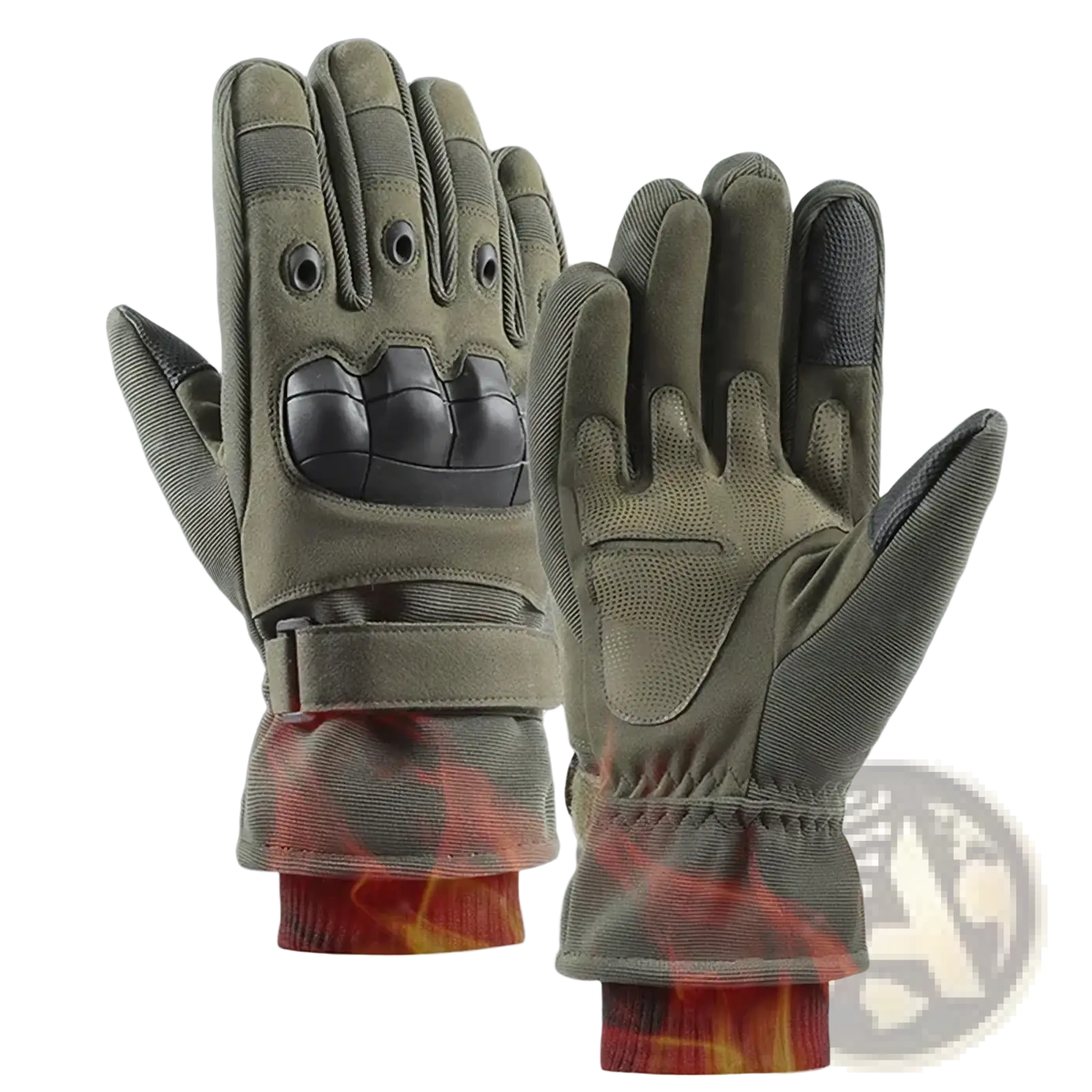 Olive green winter motorcycle gloves with black reinforced palm made of durable fabric for thermal windproof riding gear