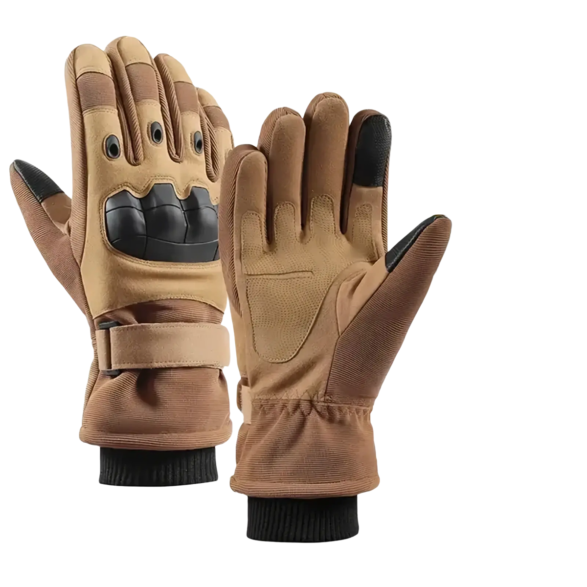 Tan winter motorcycle gloves with black reinforced palm and fingertips fleece lined cuffs thermal windproof riding gear