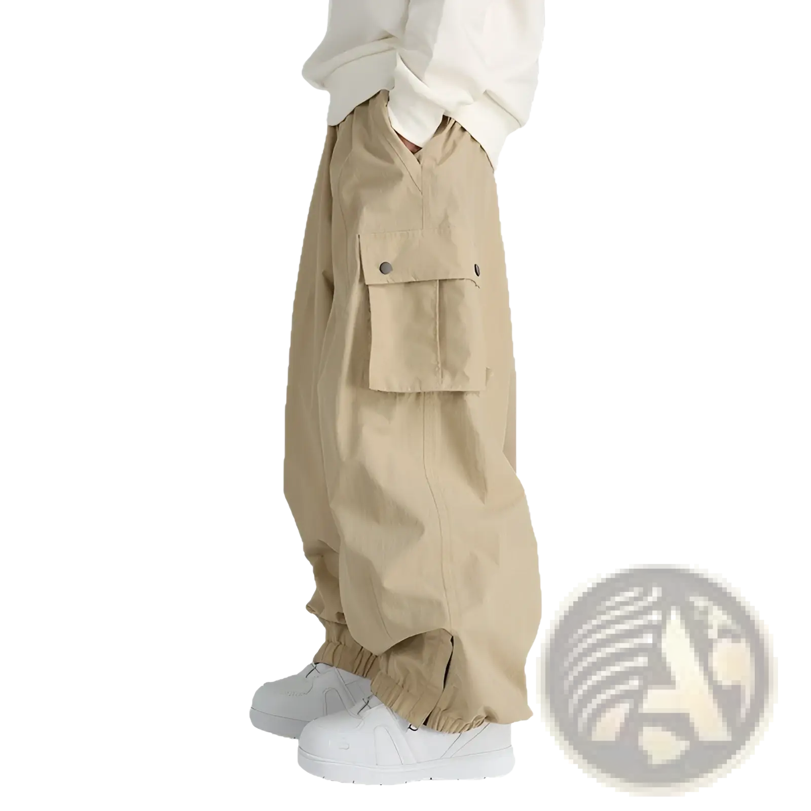 Beige winter outdoor loose ski pants with multiple pockets and elastic cuffs designed for cold weather use