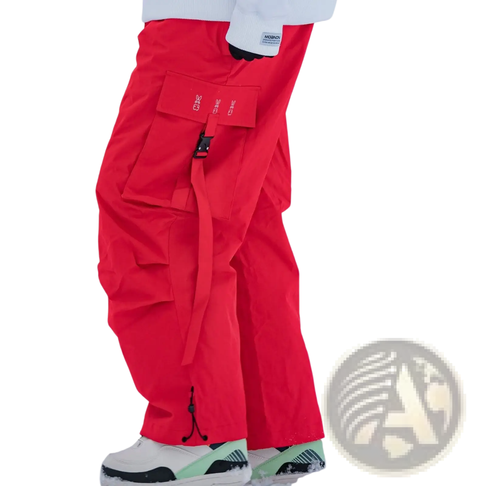 Winter outdoor loose ski pants in bright red durable waterproof material with multiple cargo pockets and black buckle closure