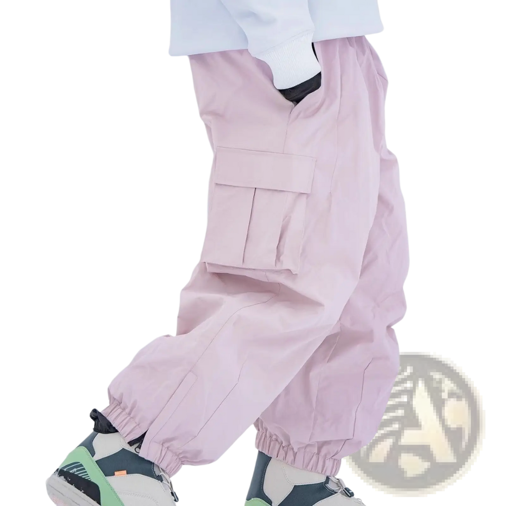 Pink cargo winter outdoor loose ski pants with elastic cuffs and large flap pocket designed for snow activities