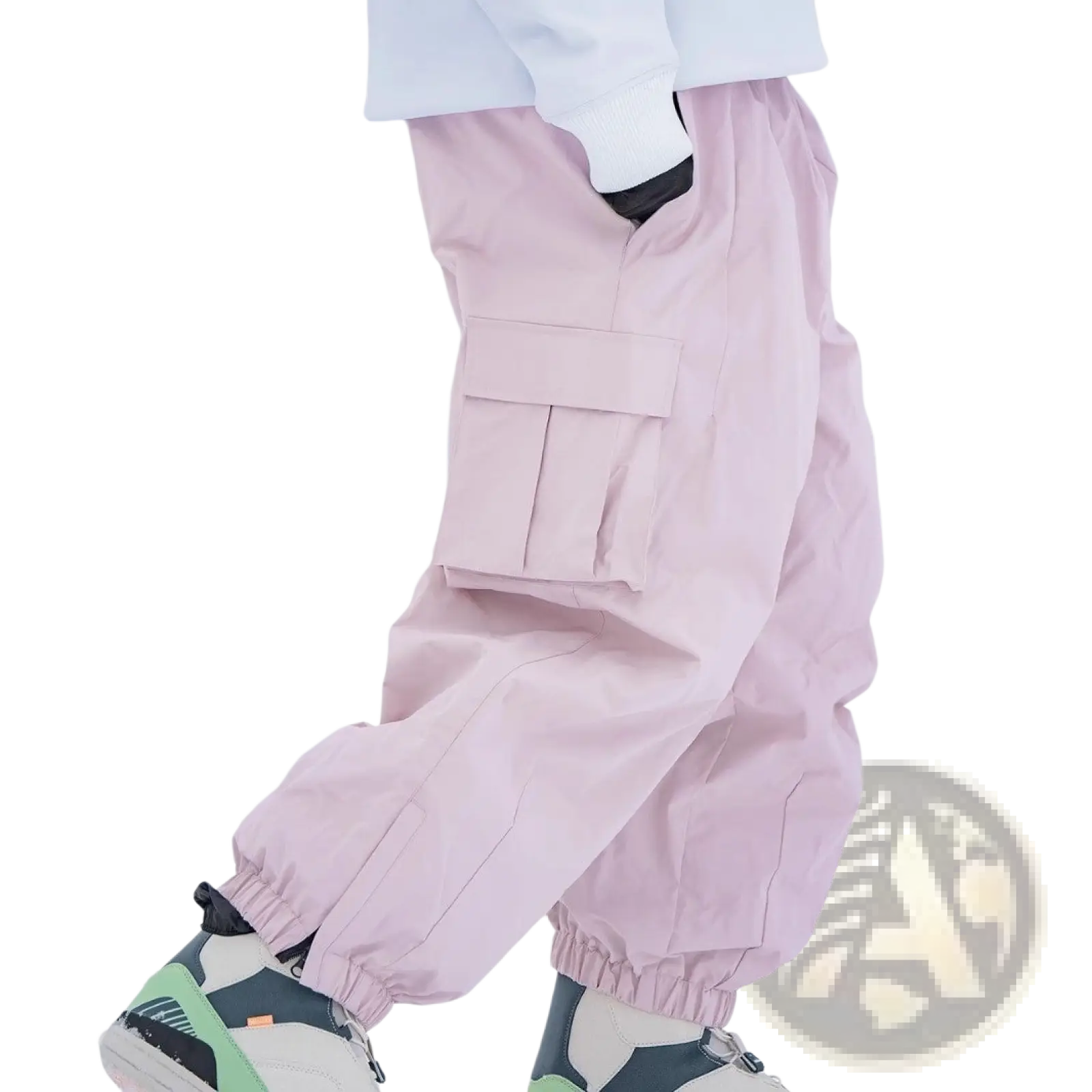 Pink cargo winter outdoor loose ski pants with elastic cuffs and large flap pocket designed for snow activities