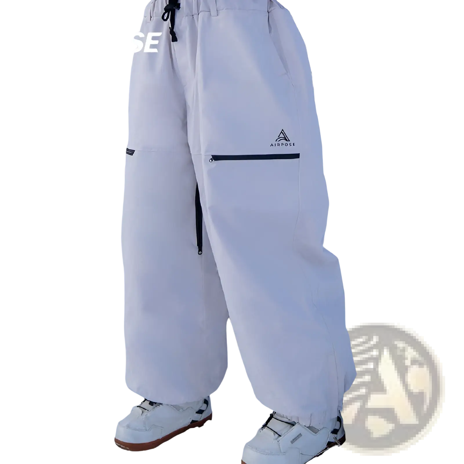 White air pose snow pants with black zipper accents and branded logo on thigh designed for winter outdoor skiing