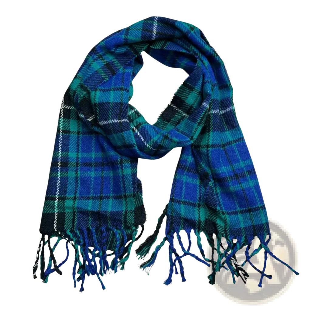 Winter plaid scarf with blue and green viscose fabric featuring fringe ends for neck warming