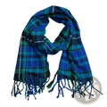 Winter plaid scarf with blue and green viscose fabric featuring fringe ends for neck warming