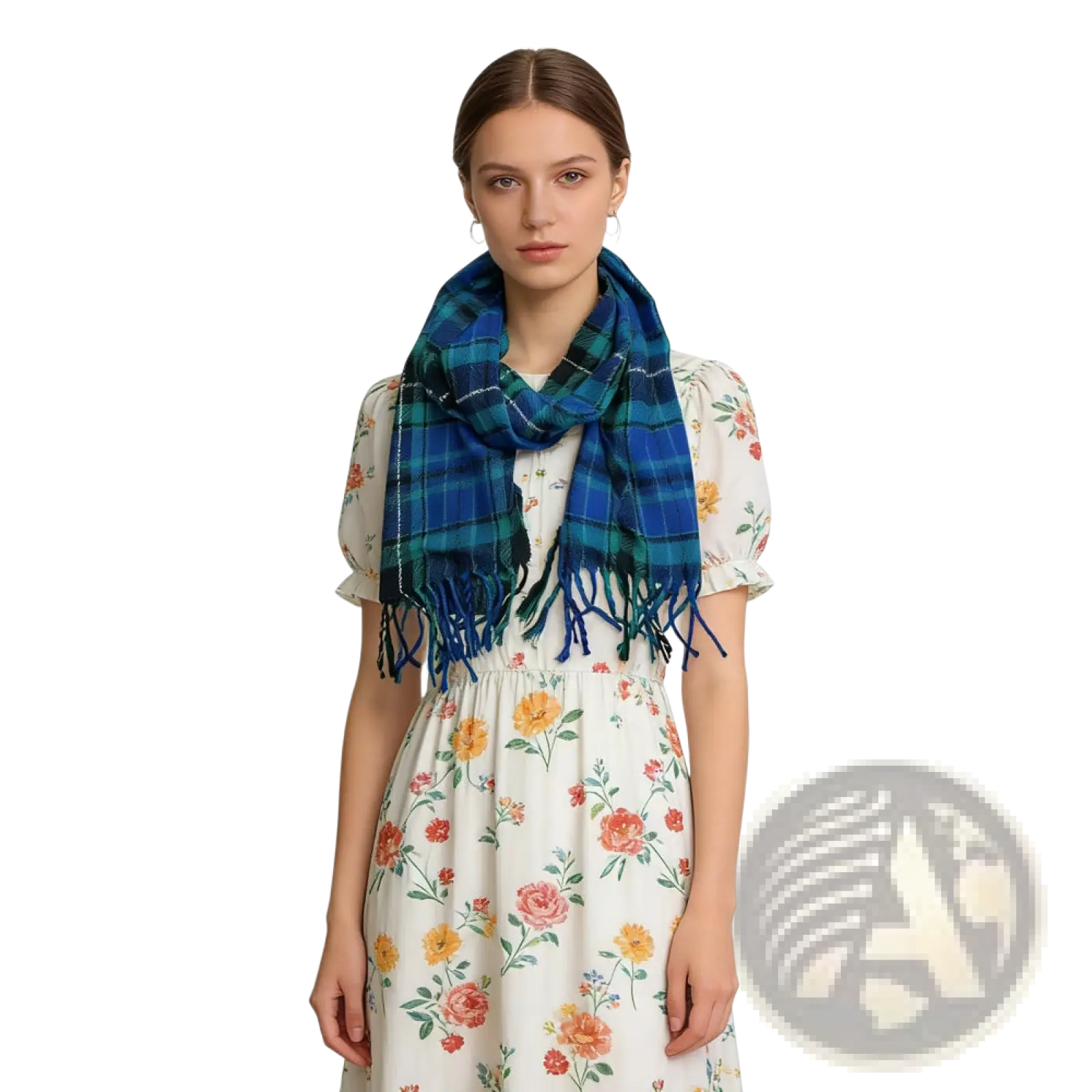 A blue and green plaid viscose winter scarf with fringed edges designed as a neck warmer