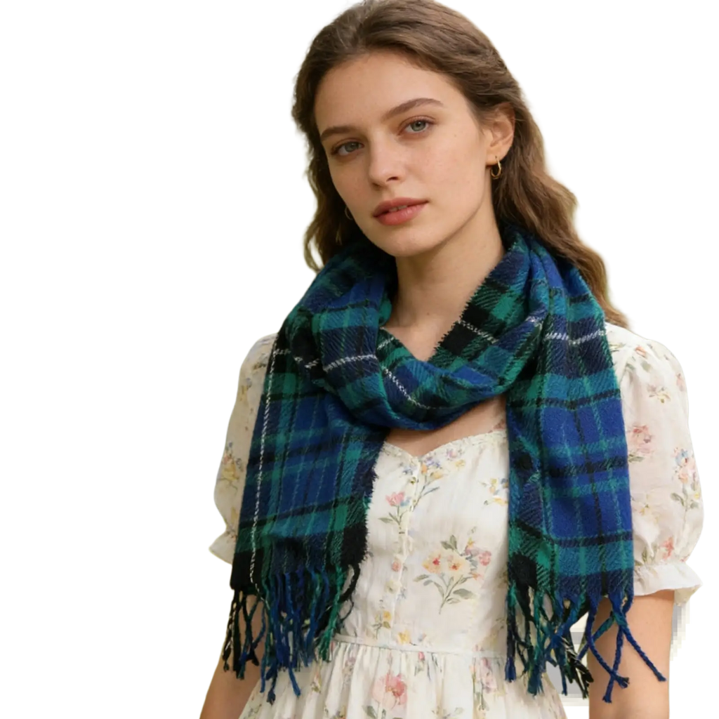 Winter plaid viscose neck warmer scarf in cozy blue and green plaid with fringed edges for cold weather use