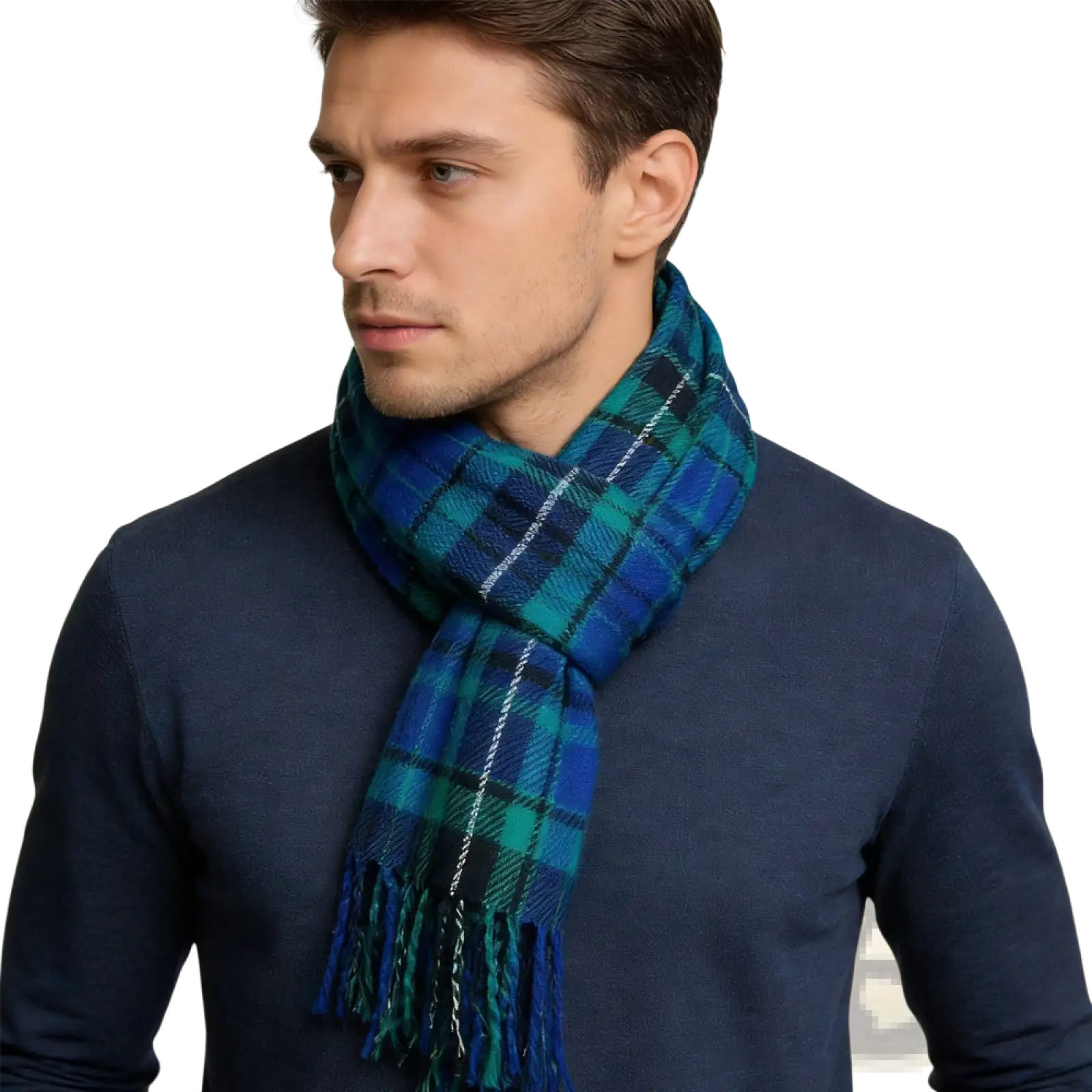 A richly textured blue and green plaid viscose winter scarf with fringed ends worn around the neck