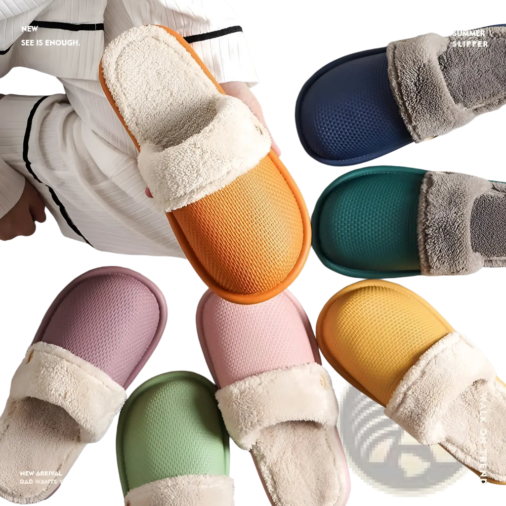 Orange winter slippers for women with washable plush white fleece lining and textured rubber sole for indoor use
