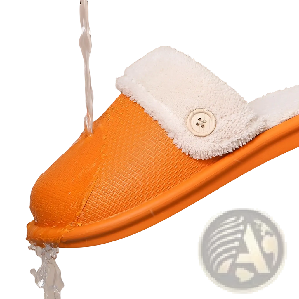 Orange winter slipper with white fluffy plush interior and decorative button washable house shoe for women