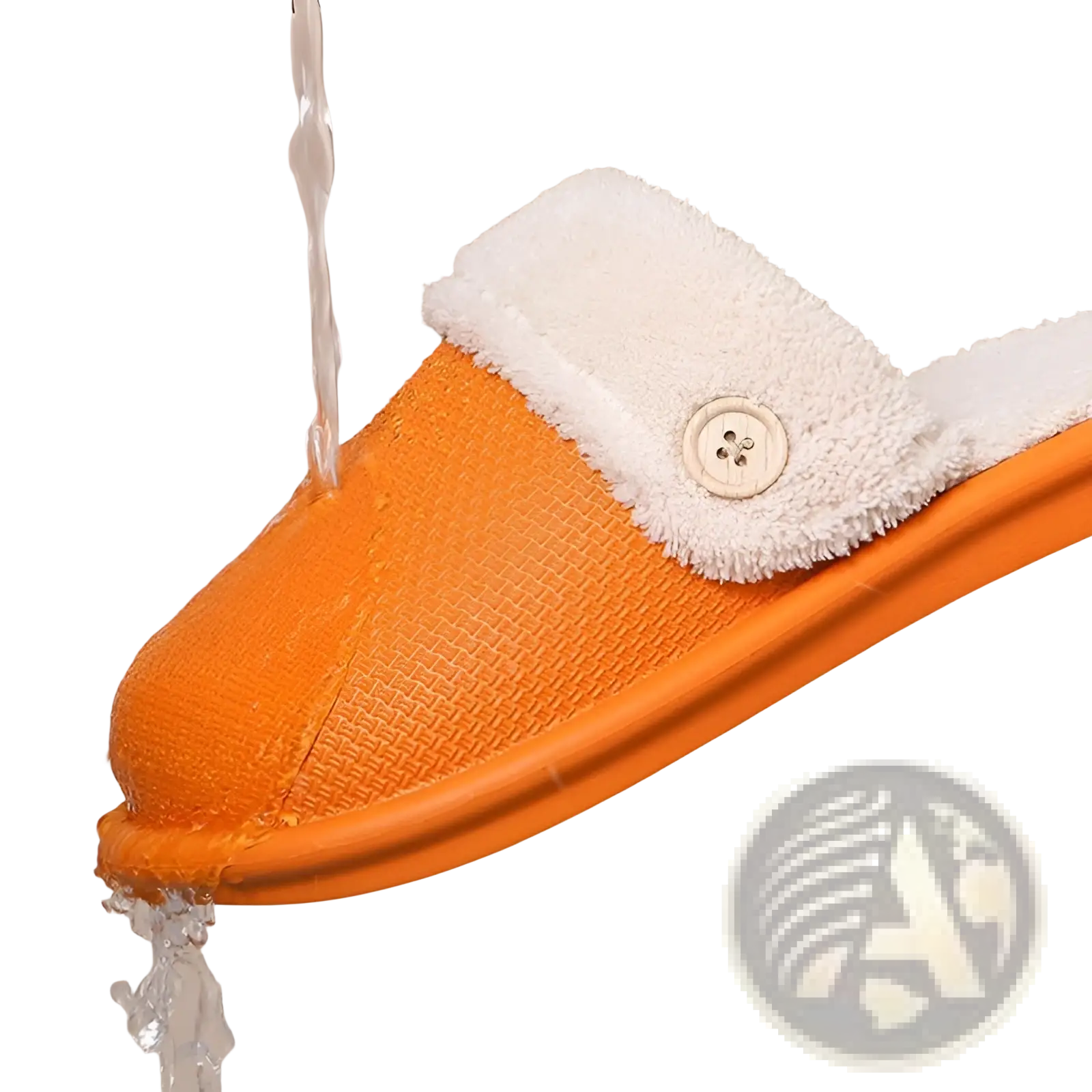 Orange winter slipper with white fluffy plush interior and decorative button washable house shoe for women
