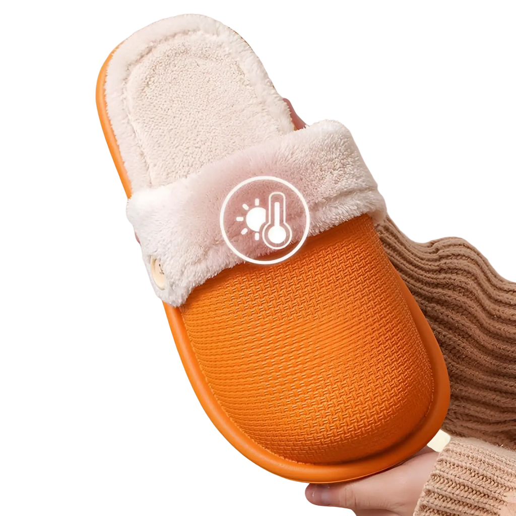 Orange textured slip-on winter slippers for women with washable plush white faux fur cuff for indoor use