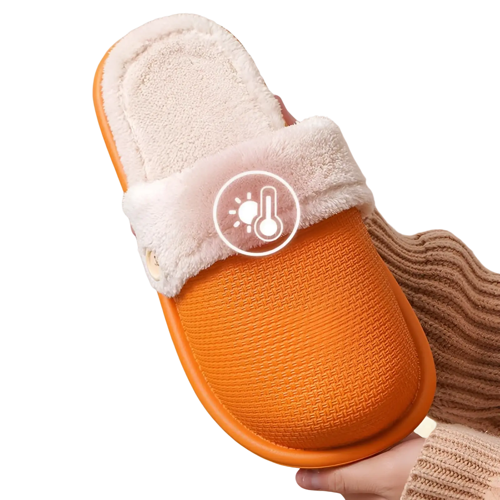 Orange textured slip-on winter slippers for women with washable plush white faux fur cuff for indoor use