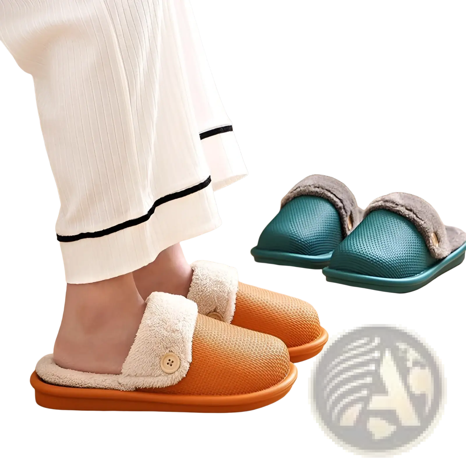 Winter slippers washable plush house shoes for women in orange and teal with soft fleece lining and button detail