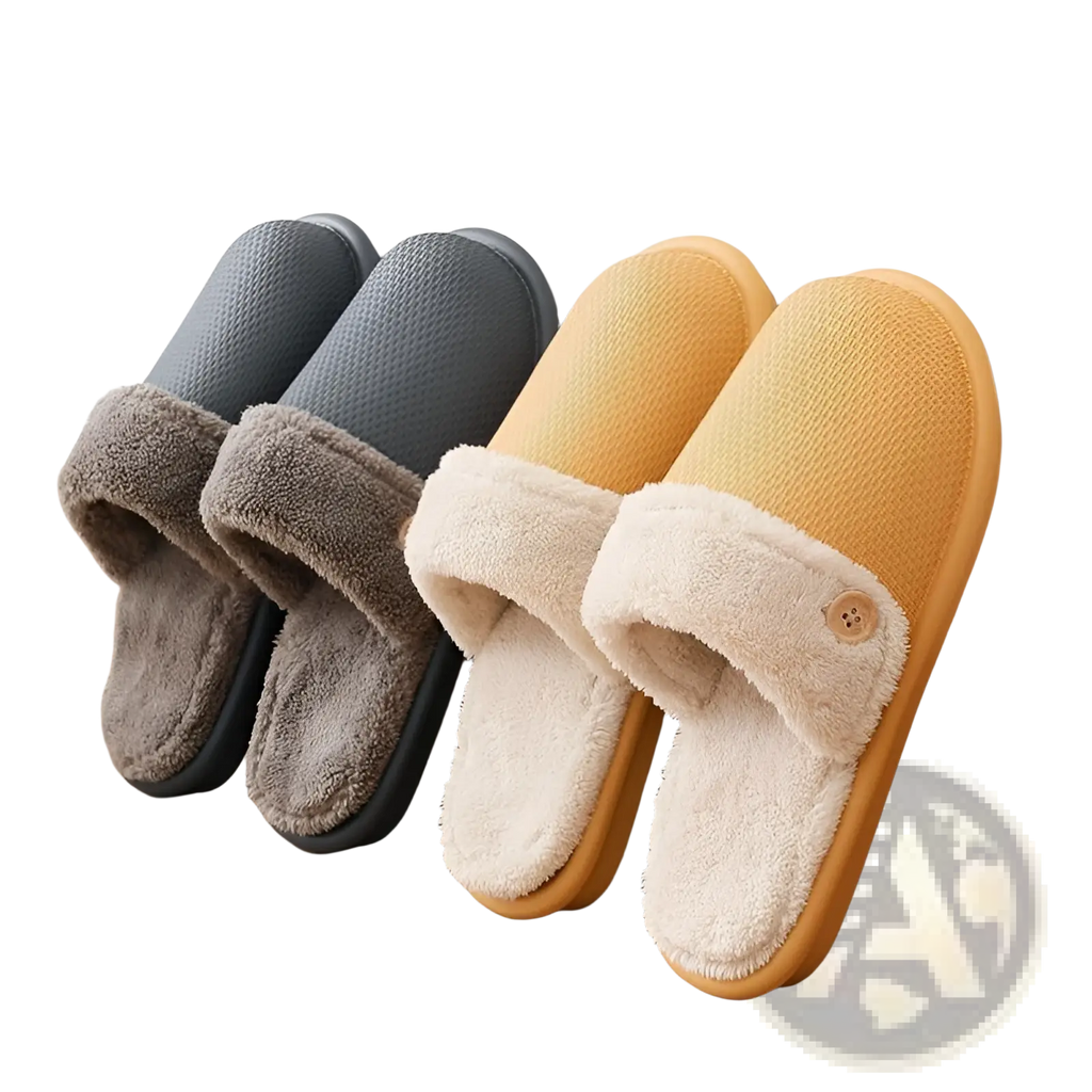 Pair of winter slippers washable plush house shoes for women in gray and mustard yellow with fleece lining and side button