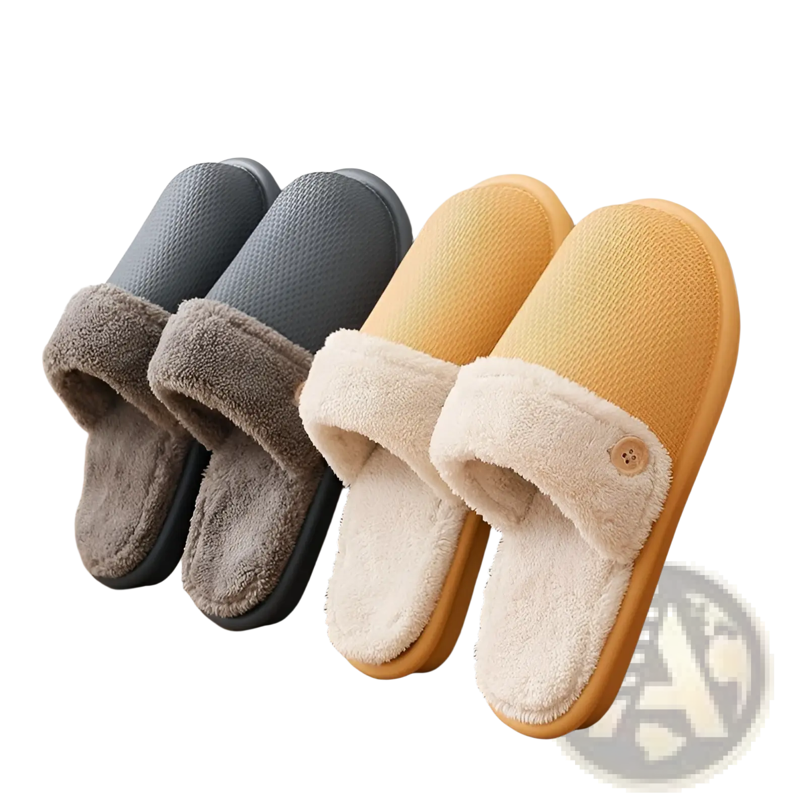 Pair of winter slippers washable plush house shoes for women in gray and mustard yellow with fleece lining and side button