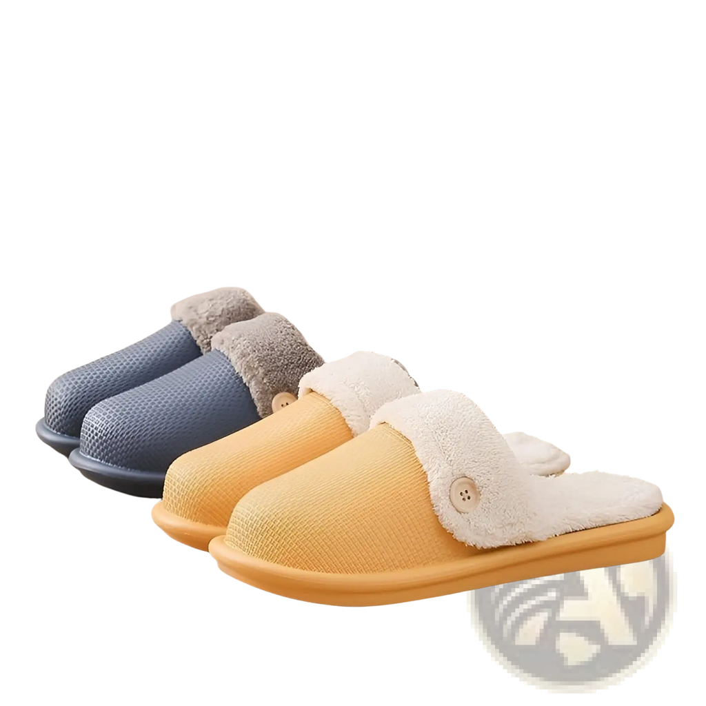 Winter slippers washable plush house shoes for women in yellow and gray with textured fabric upper and fleece lining