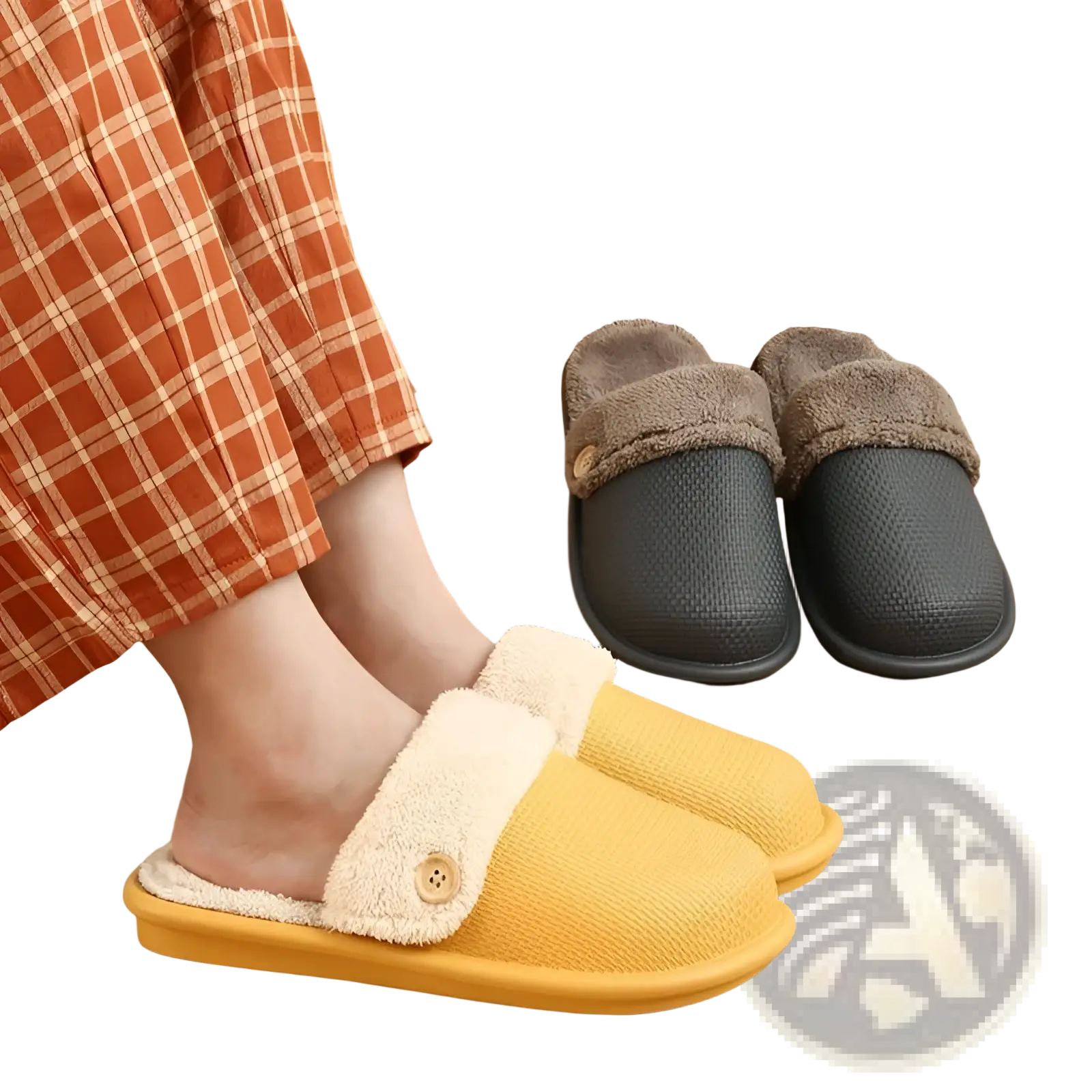 Yellow slip-on winter slippers for women with washable plush fleece cuff and wooden button detail