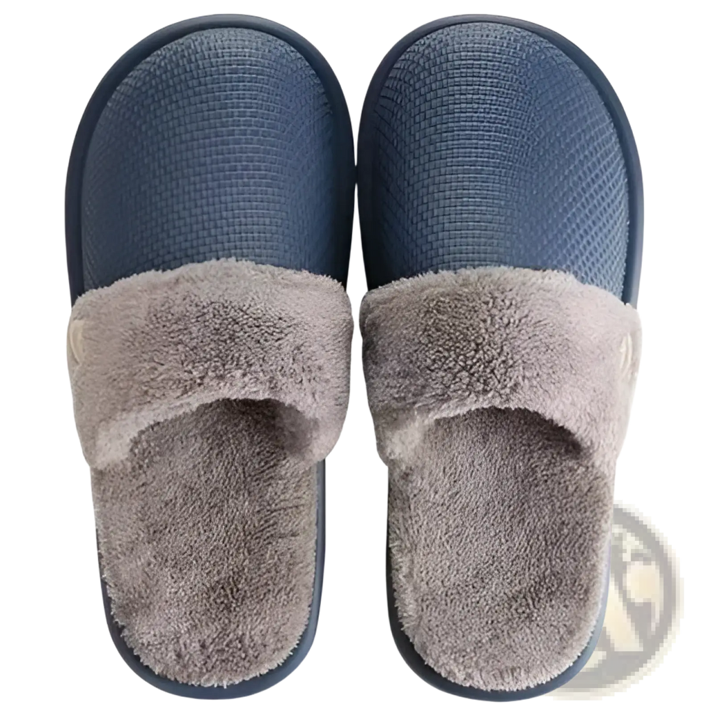 Blue slip-on winter slippers for women with washable plush gray faux fur lining and textured rubber soles