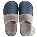 Blue slip-on winter slippers for women with washable plush gray faux fur lining and textured rubber soles