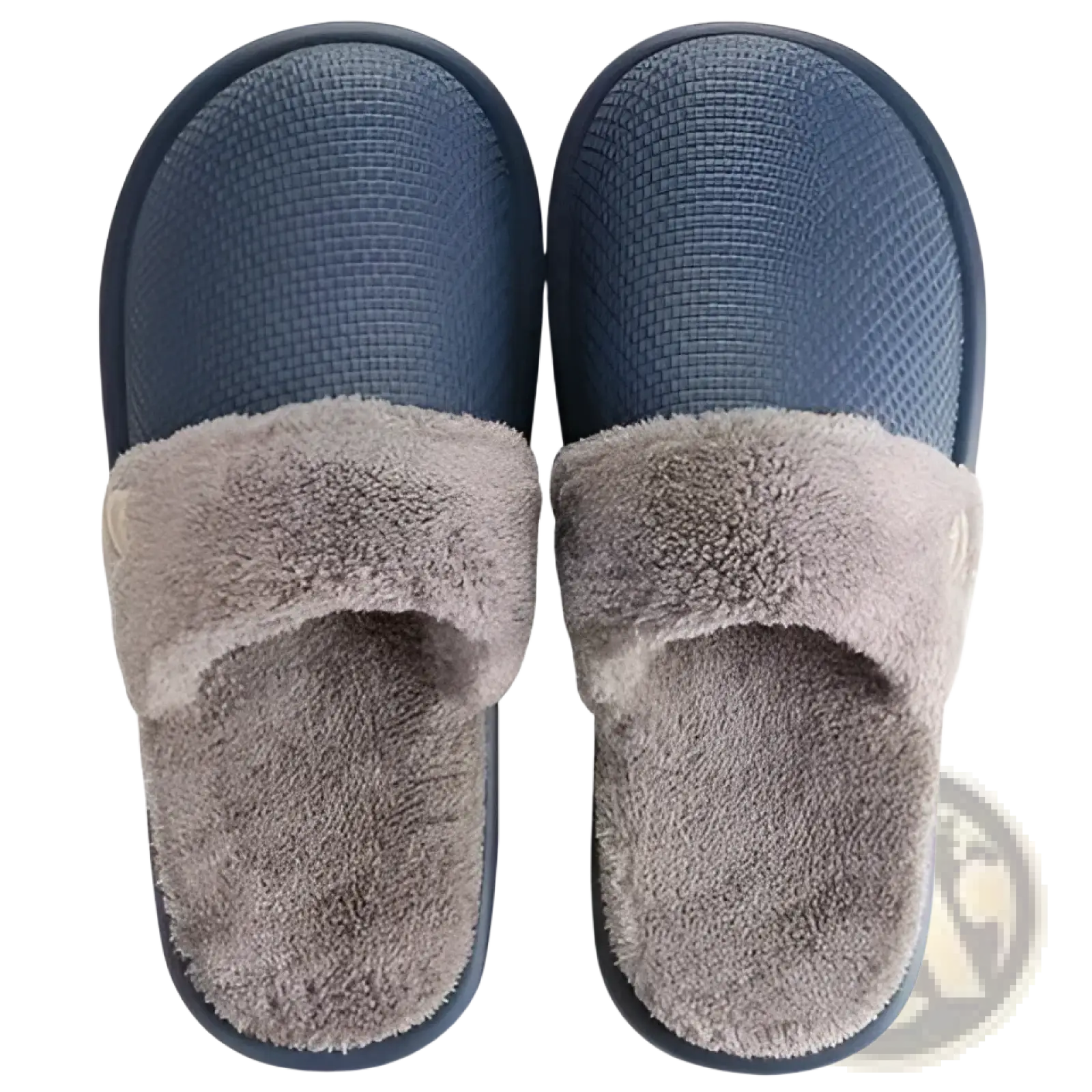 Blue slip-on winter slippers for women with washable plush gray faux fur lining and textured rubber soles