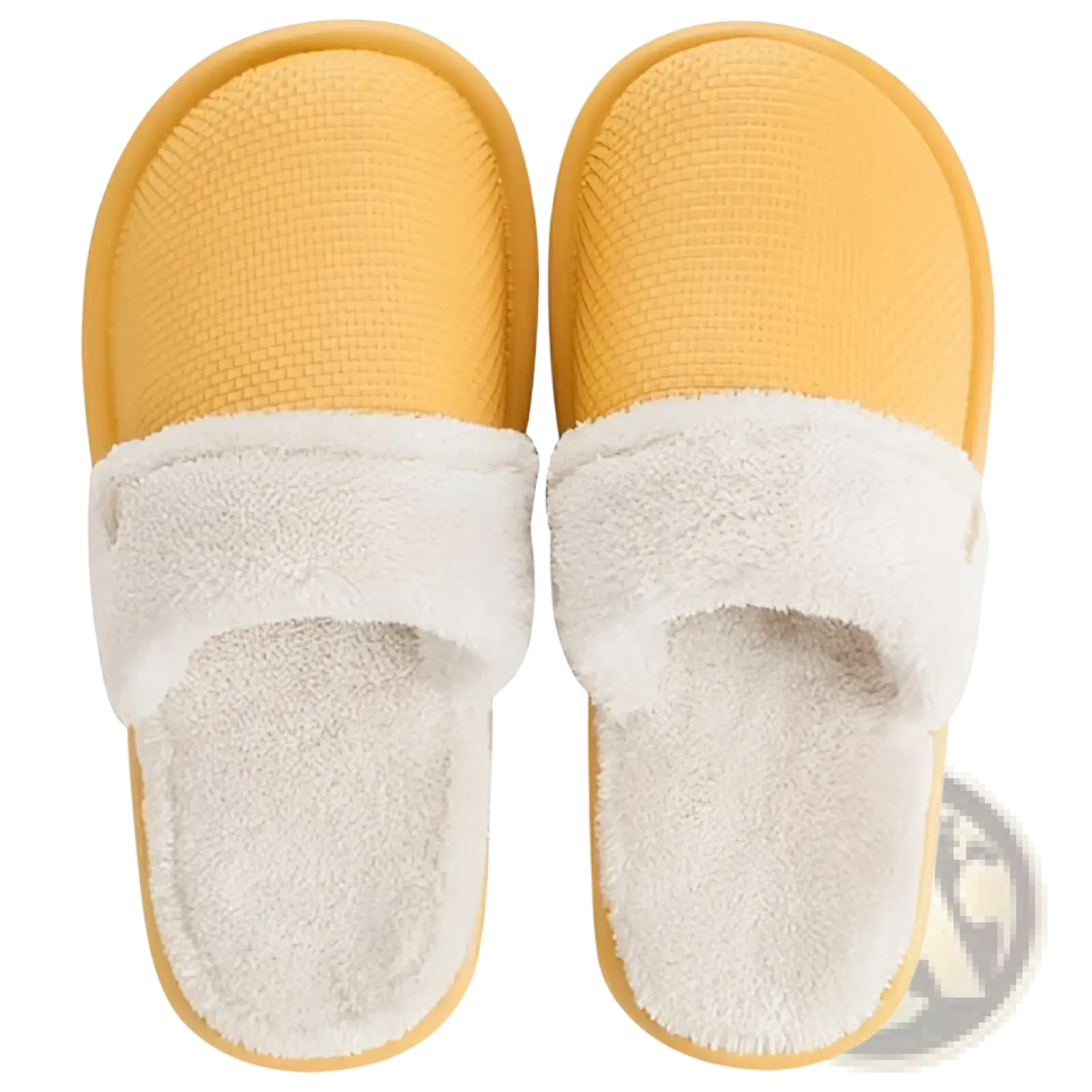Yellow slip-on winter slippers for women with plush white fleece lining and textured upper washable house shoes