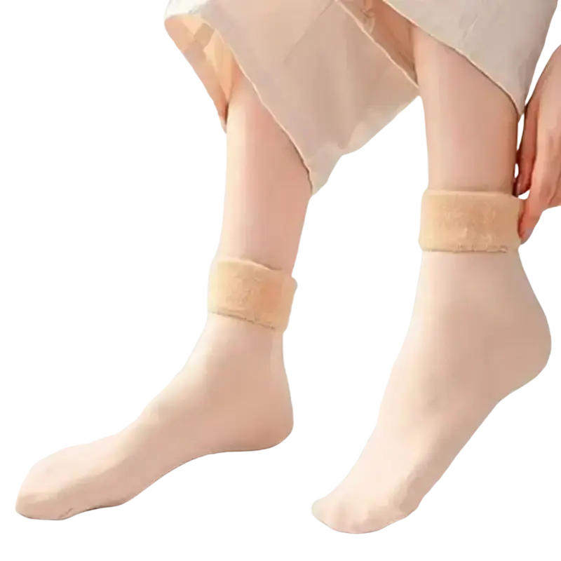 Beige winter thermal socks with plush fuzzy cuff fleece lined with cashmere wool for warmth and comfort