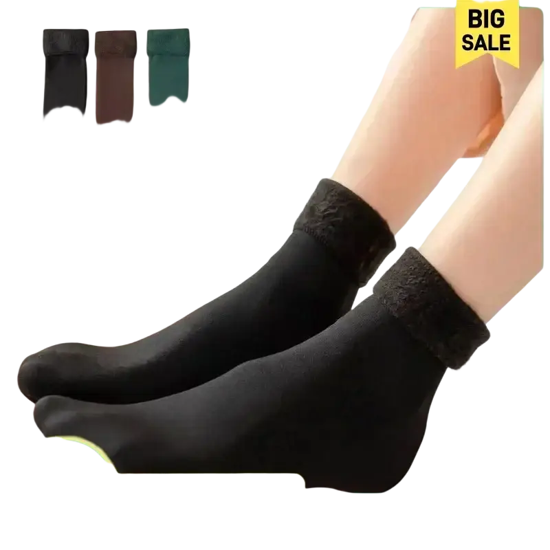 Black ankle-length winter thermal socks with plush fuzzy cuff fleece lined cashmere wool for cold weather use