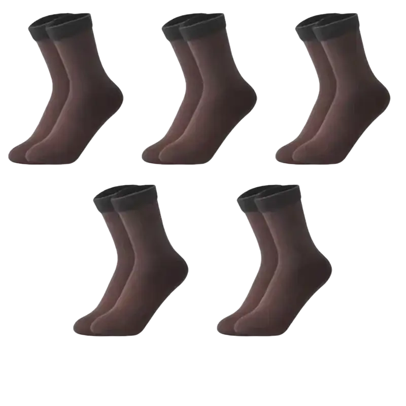 Coffee-colored winter thermal socks with black ribbed cuff made of fleece lined cashmere wool, shown in five pairs