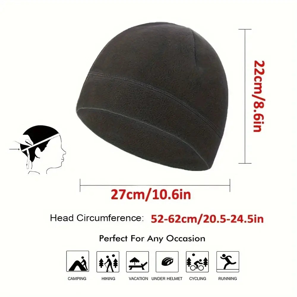 Black fleece beanie with ribbed cuff and seamless construction for winter warm windproof outdoor sports and camping hiking