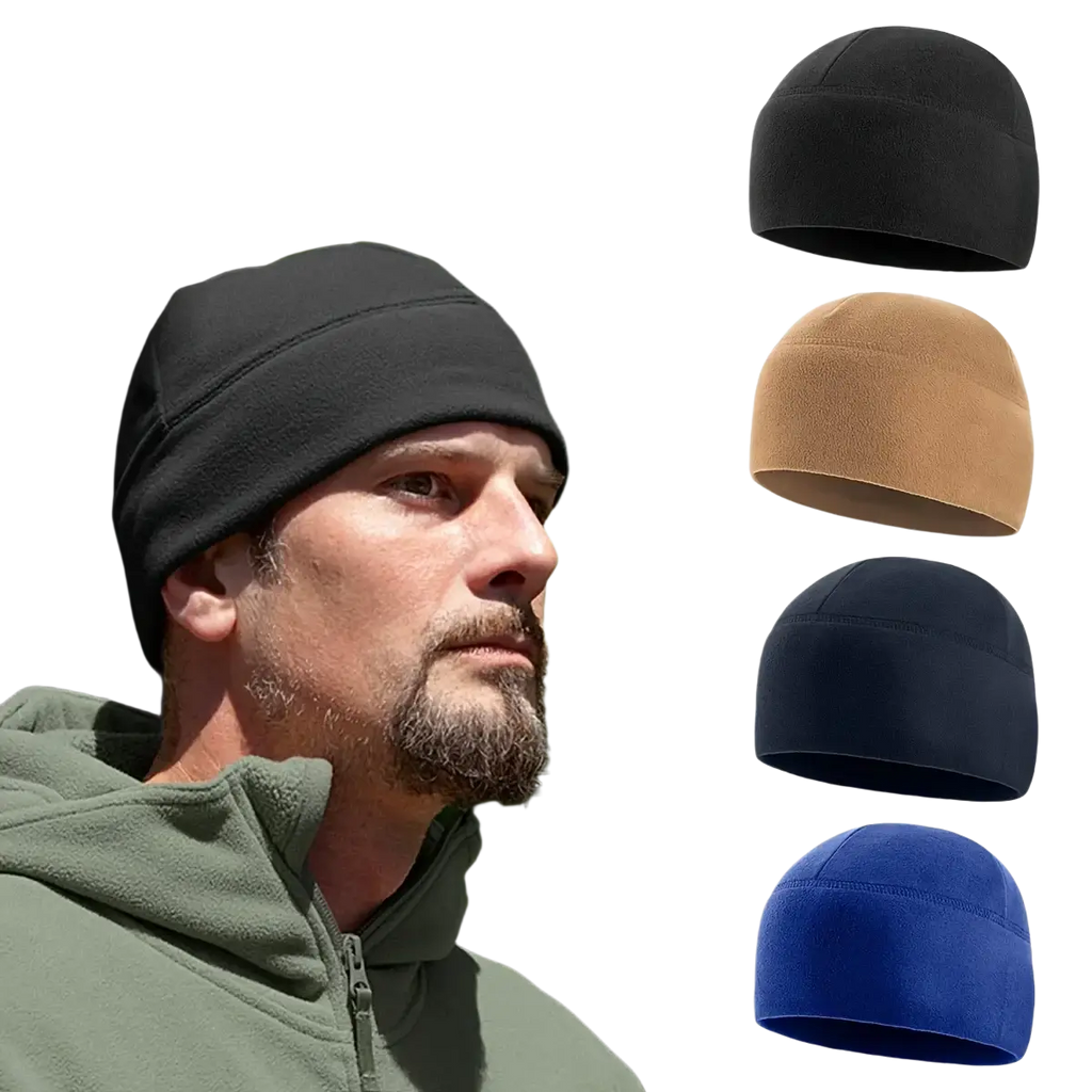 Black fleece beanie worn by bearded man designed for winter warm windproof use in outdoor sports camping hiking