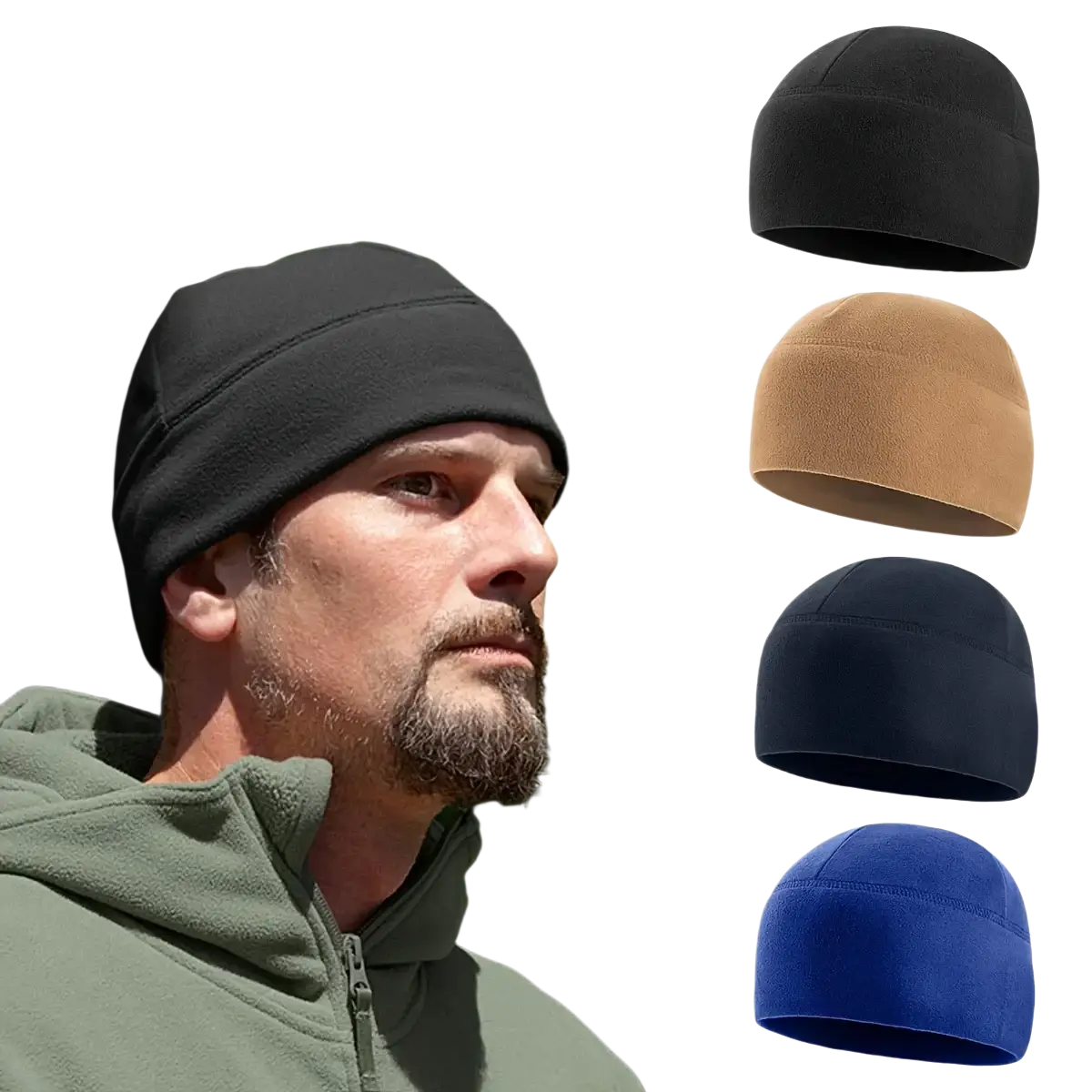 Black fleece beanie worn by bearded man designed for winter warm windproof use in outdoor sports camping hiking