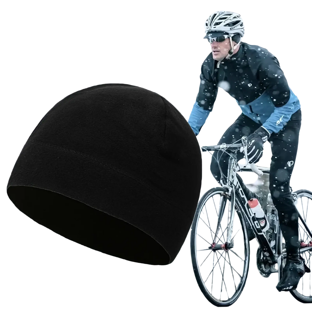 Black fleece cycling cap with soft snug fit and ribbed edge designed for winter warm windproof outdoor sports use