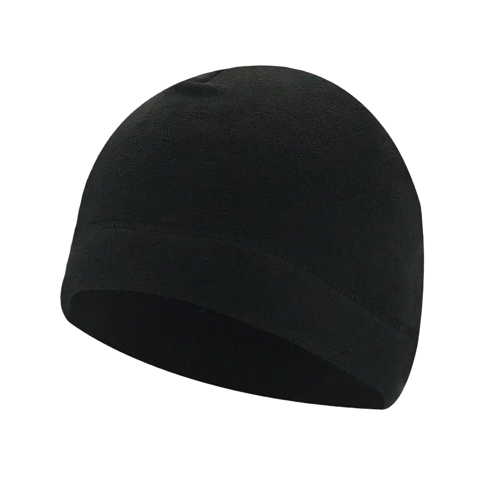 Black knit winter warm windproof fleece beanie with ribbed cuff designed for outdoor sports camping hiking