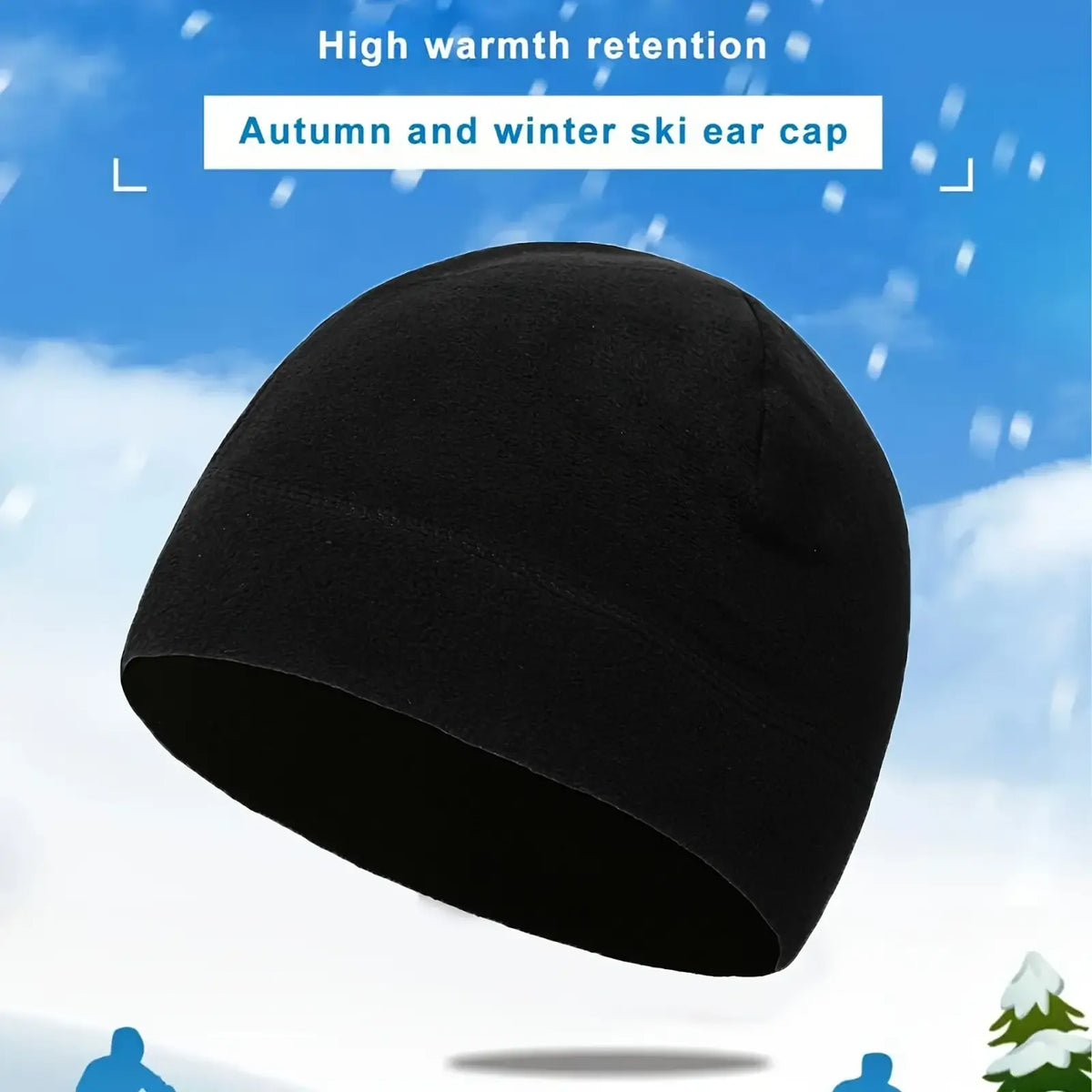 Black fleece ski ear cap windproof beanie designed for winter warm outdoor sports camping hiking use