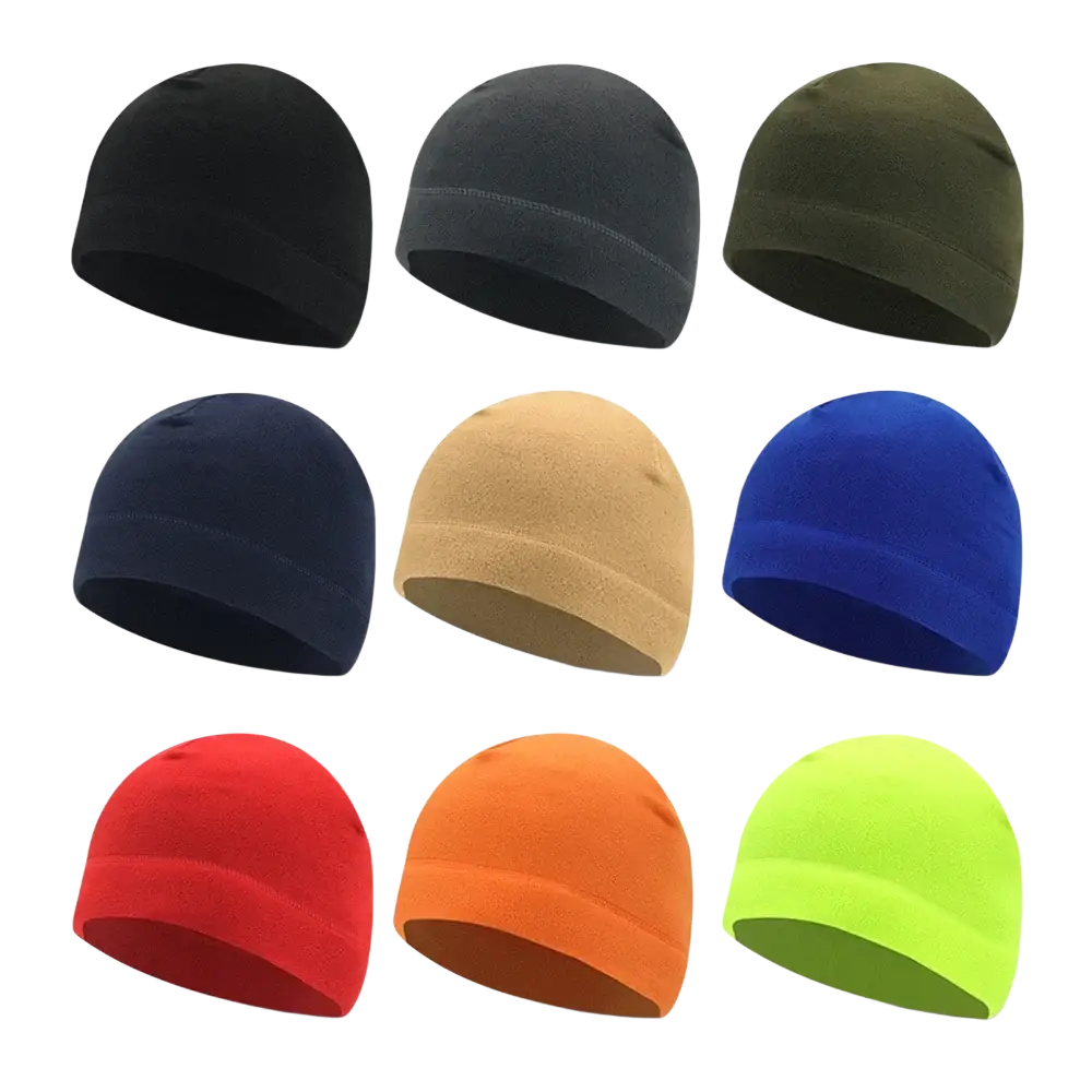 Nine fleece beanies in black navy olive green beige royal blue red orange and neon yellow for winter warm windproof outdoor sports
