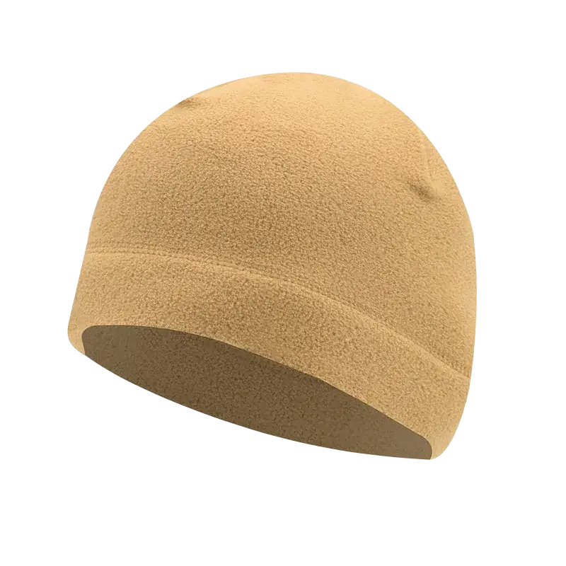 Tan fleece beanie with soft textured surface and ribbed cuff for winter warm windproof outdoor sports use