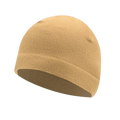Tan fleece beanie with soft textured surface and ribbed cuff for winter warm windproof outdoor sports use
