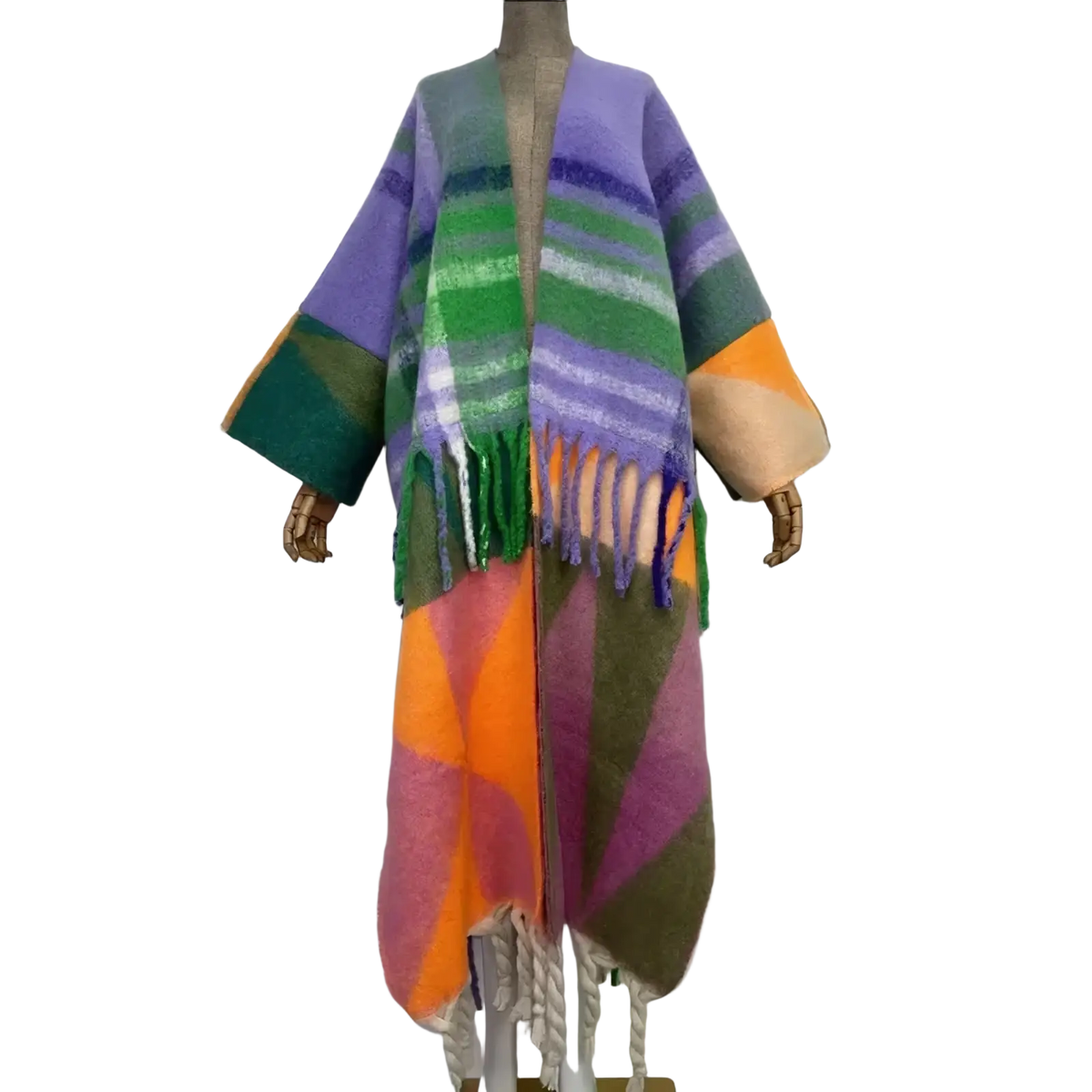 Winyi winter woolen poncho abaya in vibrant multicolored wool with fringe detailing and wide bell-shaped sleeves