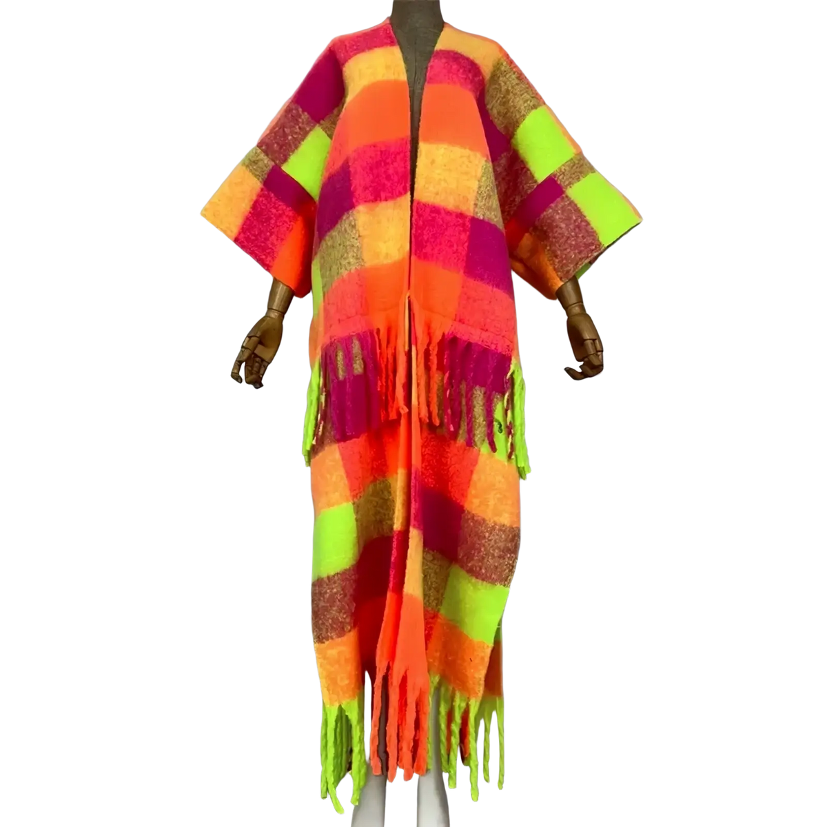 Winyi winter woolen poncho abaya in vibrant neon-orange magenta and lime green plaid with fringe detailing