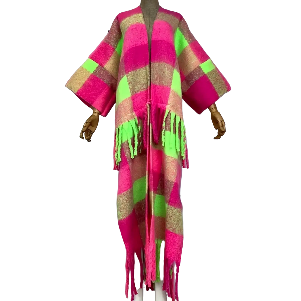 Winyi winter woolen poncho abaya in vibrant pink neon green and beige plaid wool with fringe detailing