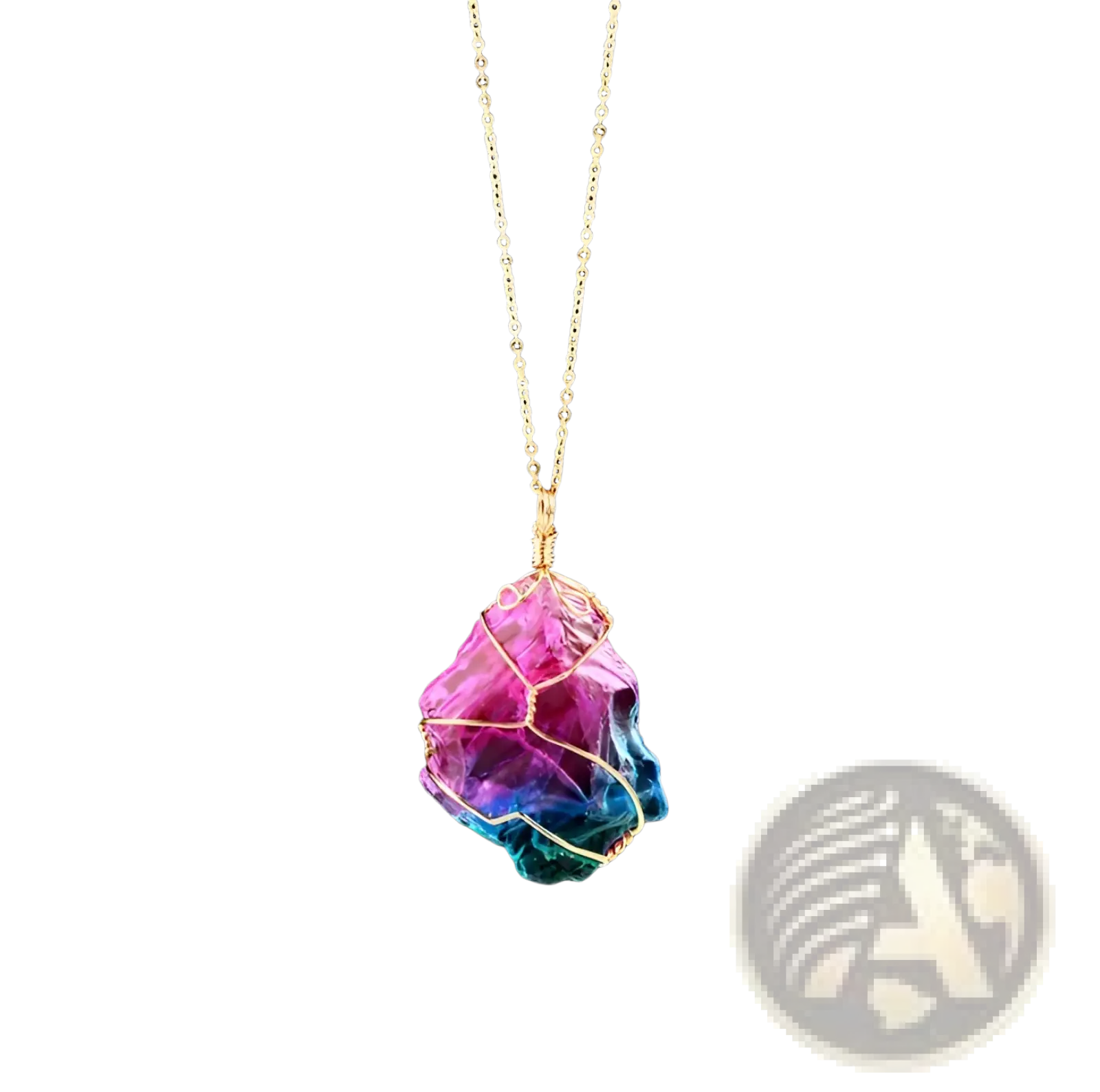 Wire wrapped rainbow quartz crystal pendant necklace with iridescent rainbow quartz and delicate gold wire wrapping