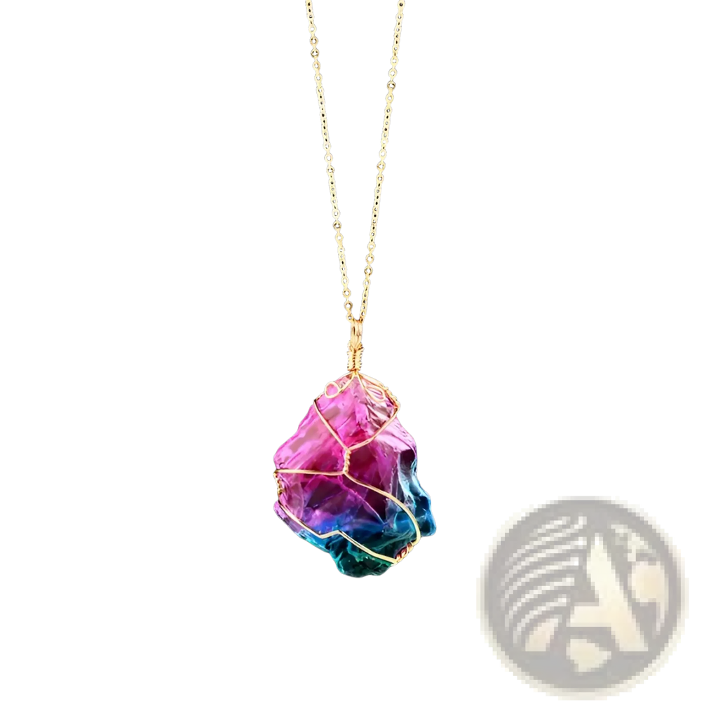 Wire wrapped rainbow quartz crystal pendant necklace with a vibrant pink to blue gemstone on a gold chain