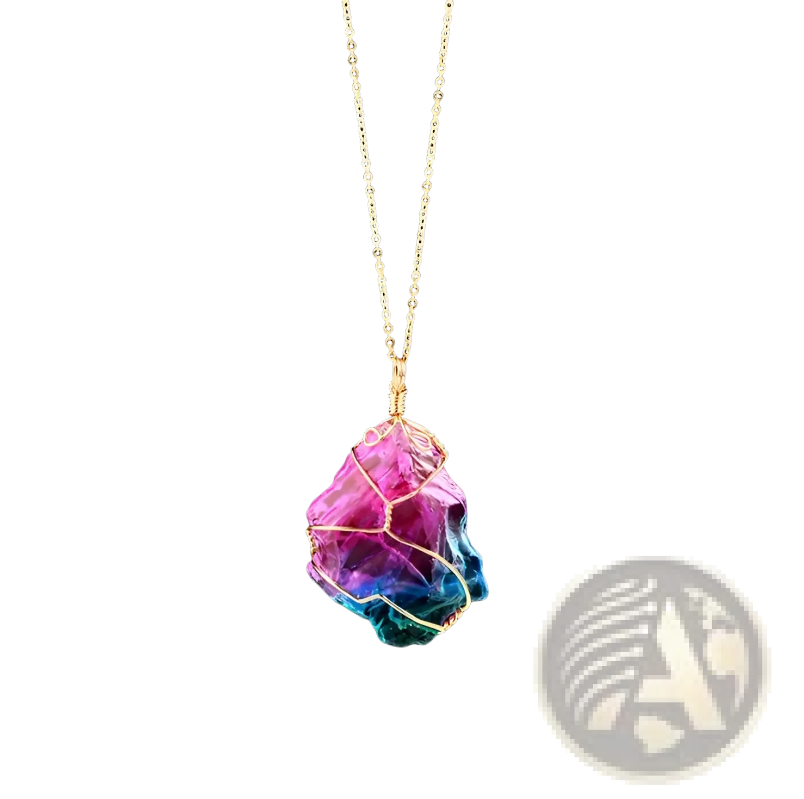 Wire wrapped rainbow quartz crystal pendant necklace with a vibrant pink to blue gemstone on a gold chain
