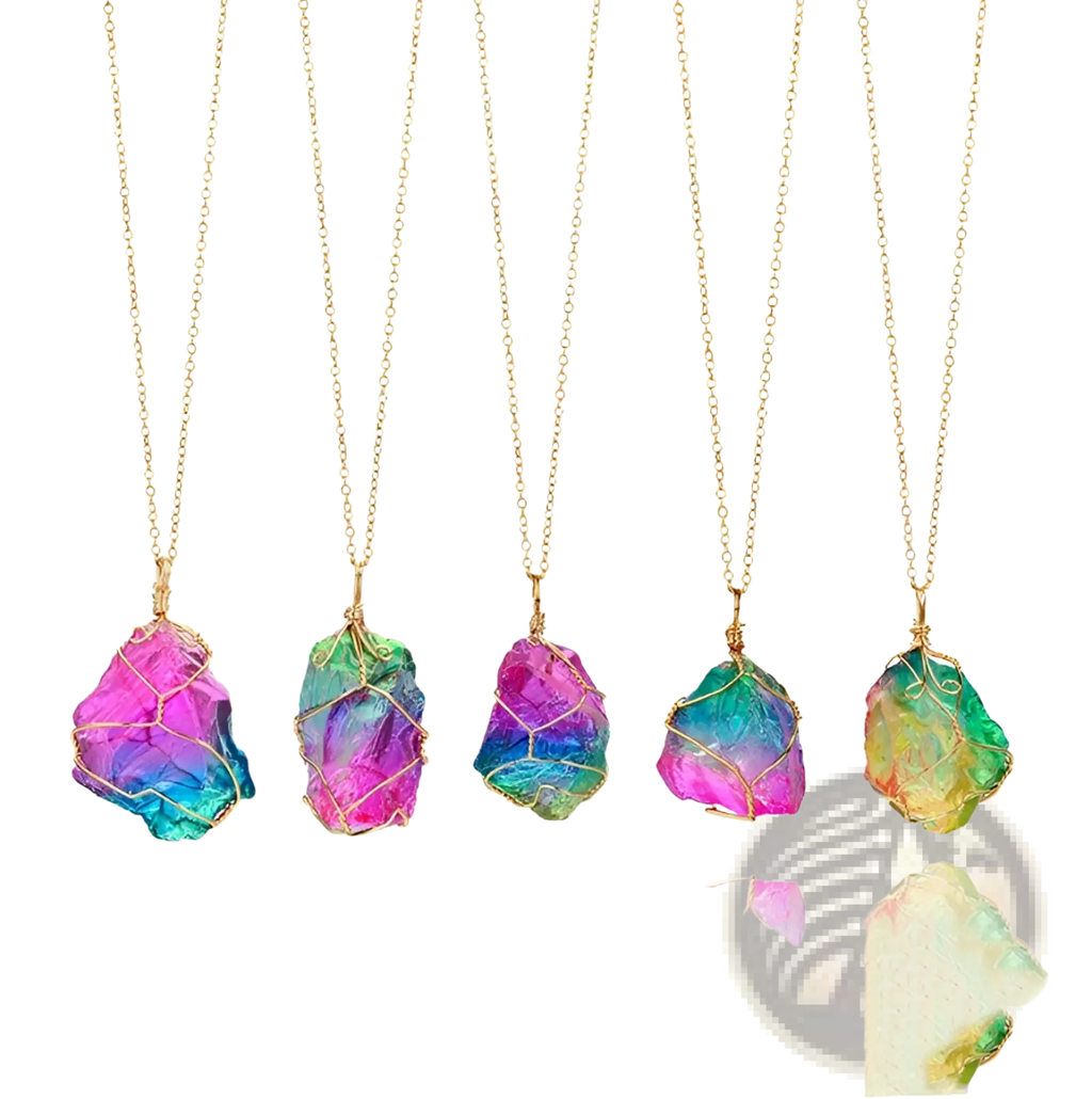 Five colorful rainbow quartz crystal pendant necklaces with gold-toned chains and wire-wrapped stones