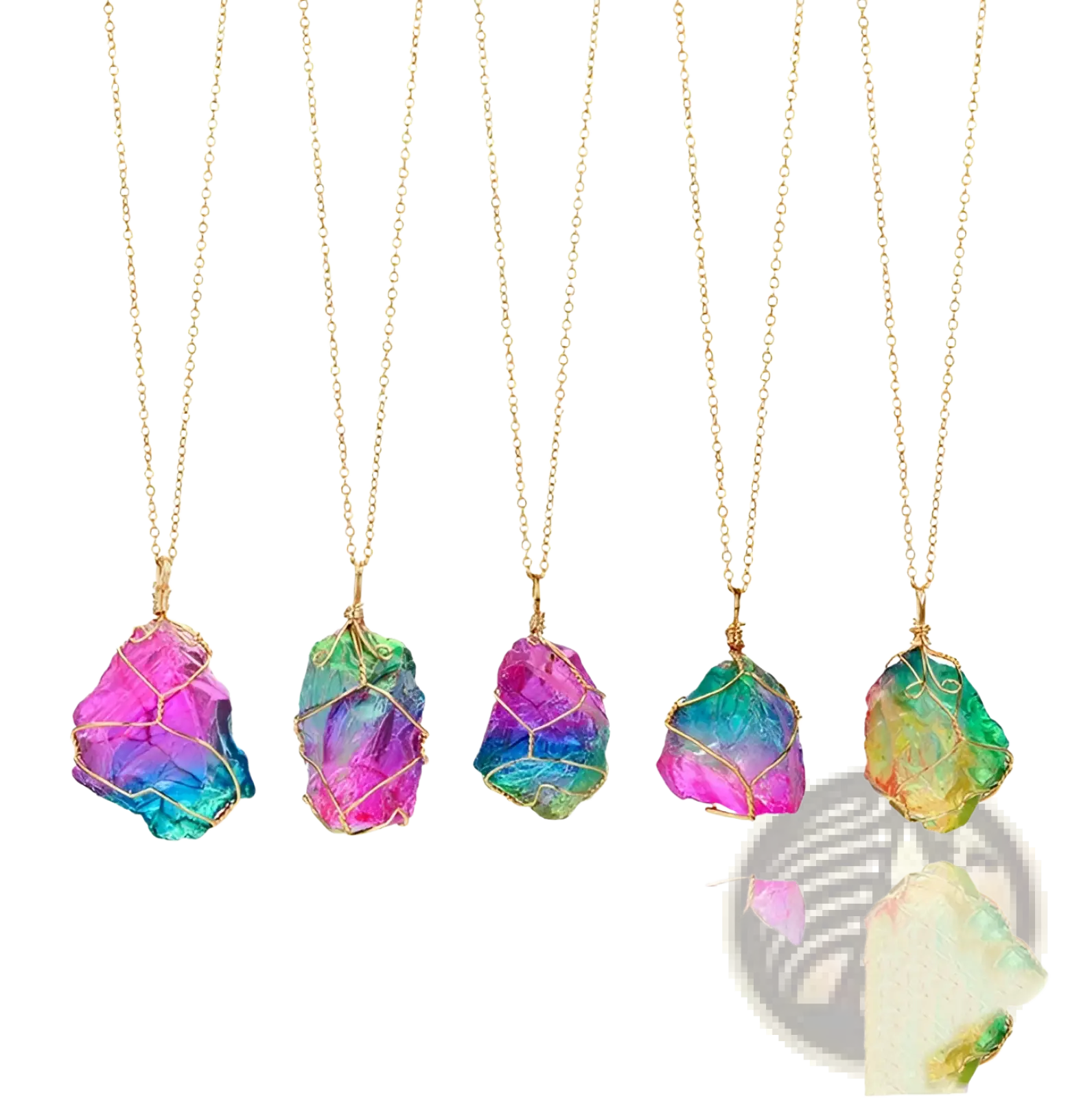 Five colorful rainbow quartz crystal pendant necklaces with gold-toned chains and wire-wrapped stones